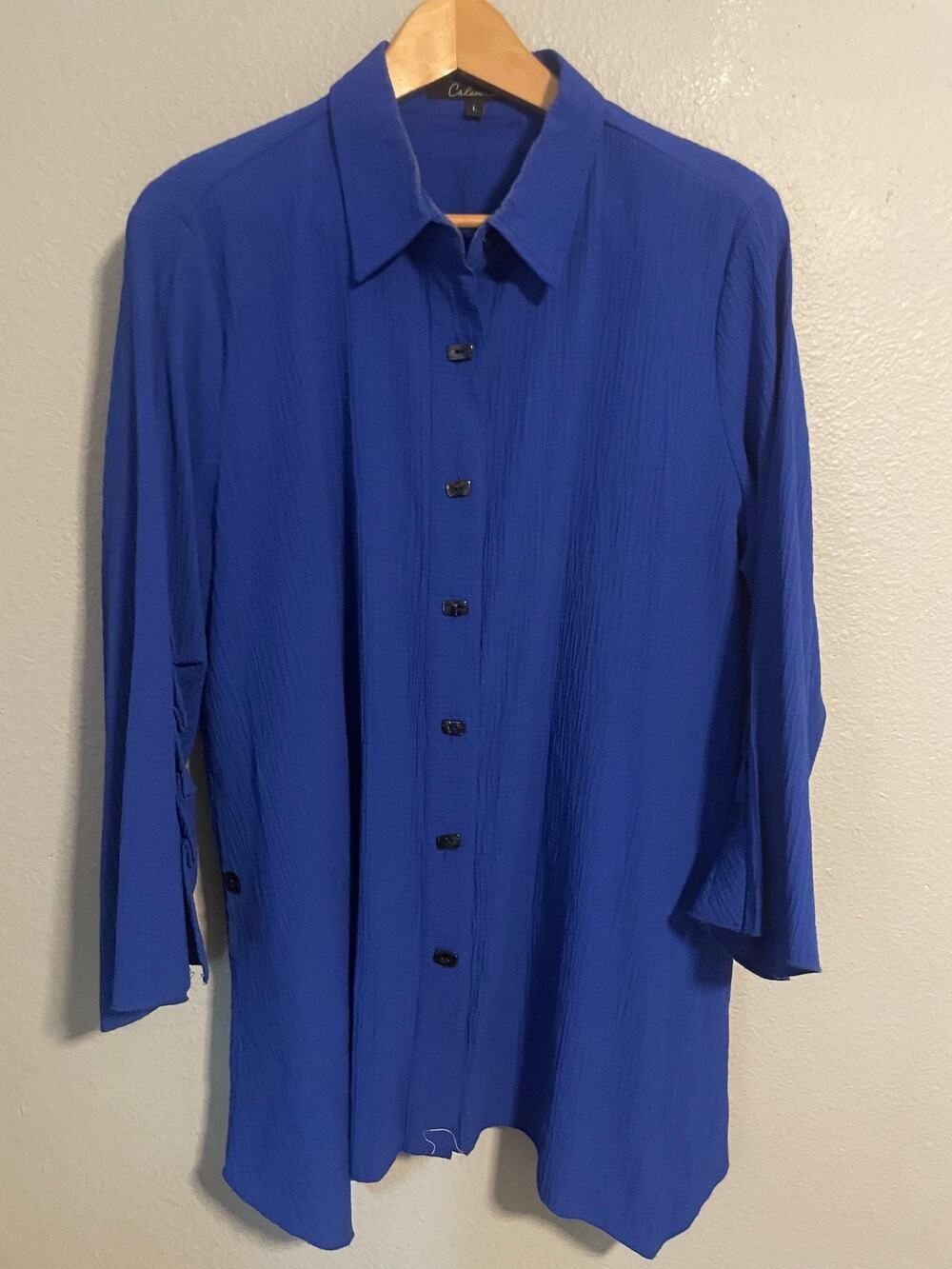 Calessa Womens Tunic Large Blue Crinkle Button Front Asymmetric Lagenlook Boho